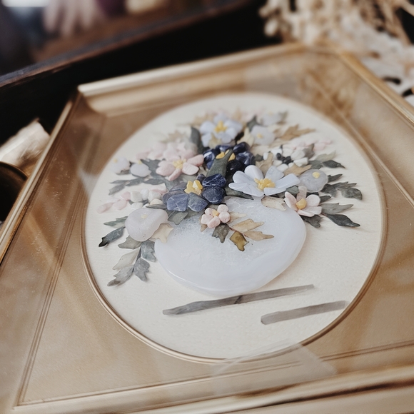 Vintage Shadow Box Rock Floral Wall Art with Blue, Pink, Navy, Green, Ivory - Picture 4 of 5